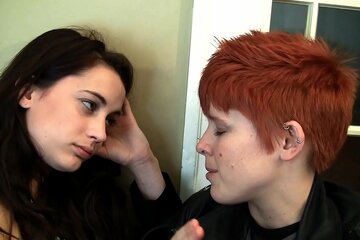 Short hair hot lesbian girl fucks her roommate with strap